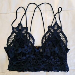 Free People FP One Adella Lace Bralette Navy Blue Boho Smocked Crop Top Small